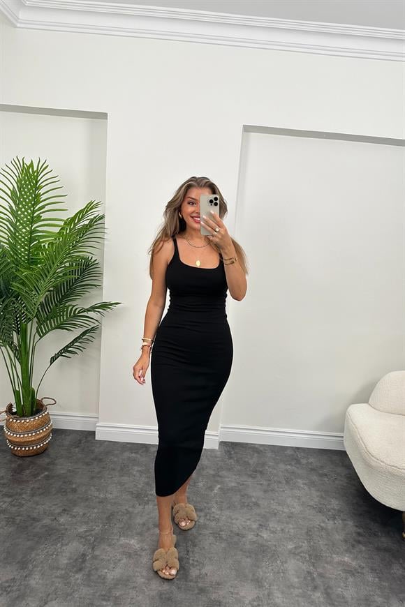 Orjinal Marka Kalın Pamuklu Kumaş Likralı Kalem Elbise Siyah