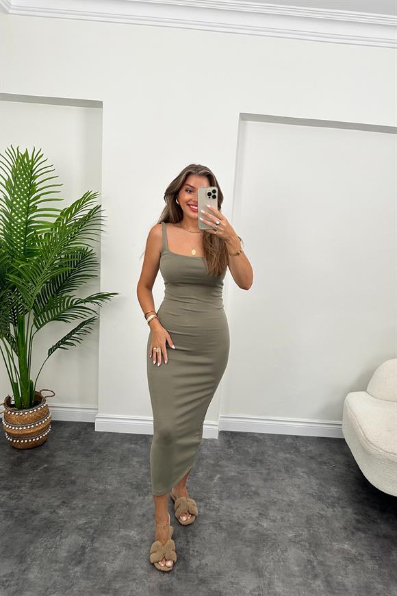 Orjinal Marka Kalın Pamuklu Kumaş Likralı Kalem Elbise Haki