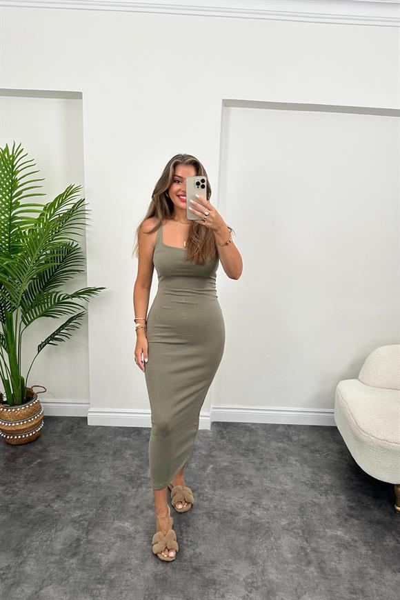 Orjinal Marka Kalın Pamuklu Kumaş Likralı Kalem Elbise Haki