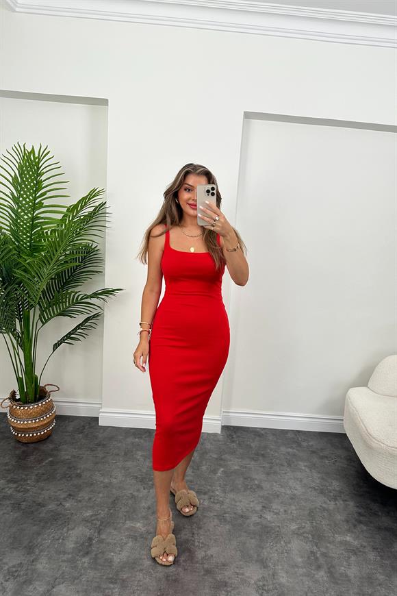 Orjinal Marka Kalın Pamuklu Kumaş Likralı Kalem Elbise Kırmızı