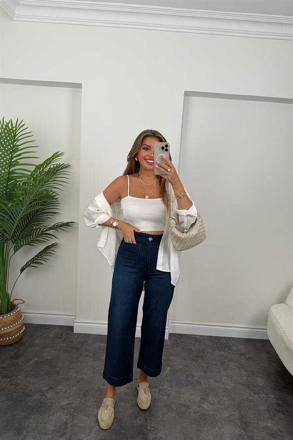 Orjinal Marka Likralı Cepli Midi Boy Jean Lacivert