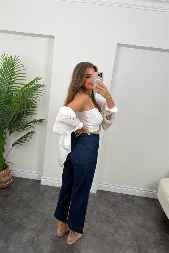 Orjinal Marka Likralı Cepli Midi Boy Jean Lacivert