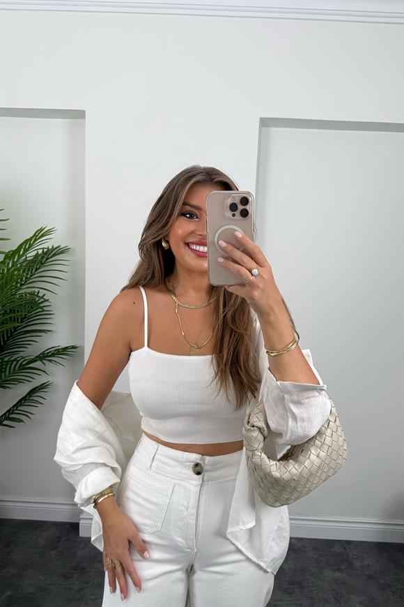 Orjinal Marka Likralı Cepli Midi Boy Jean Beyaz