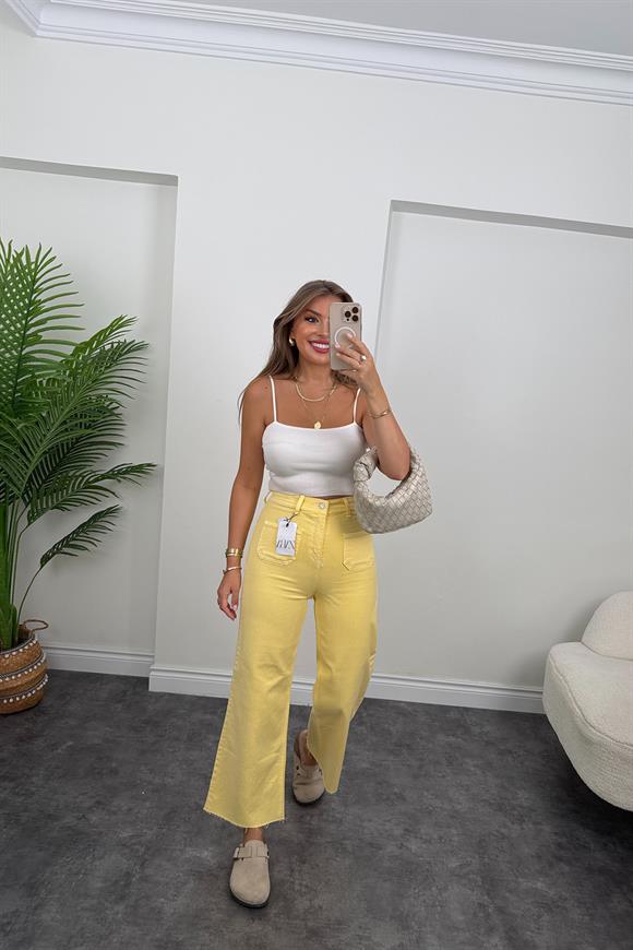 Orjinal Marka Likralı Çift Cepli Midi Jean Sarı