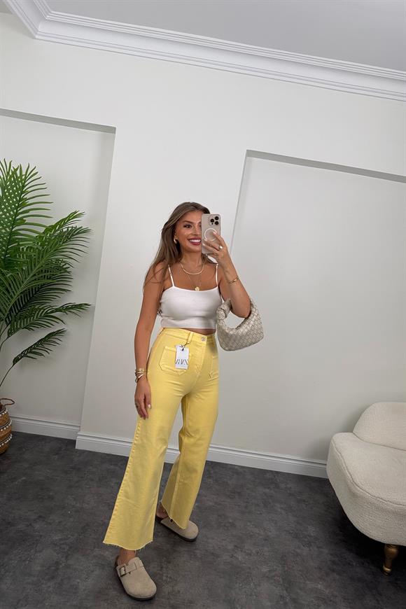 Orjinal Marka Likralı Çift Cepli Midi Jean Sarı