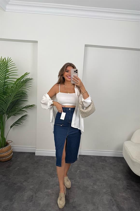 Orjinal Marka Likralı Jean Kalem Etek Lacivert