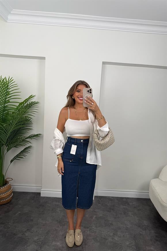 Orjinal Marka Likralı Jean Kalem Etek Lacivert