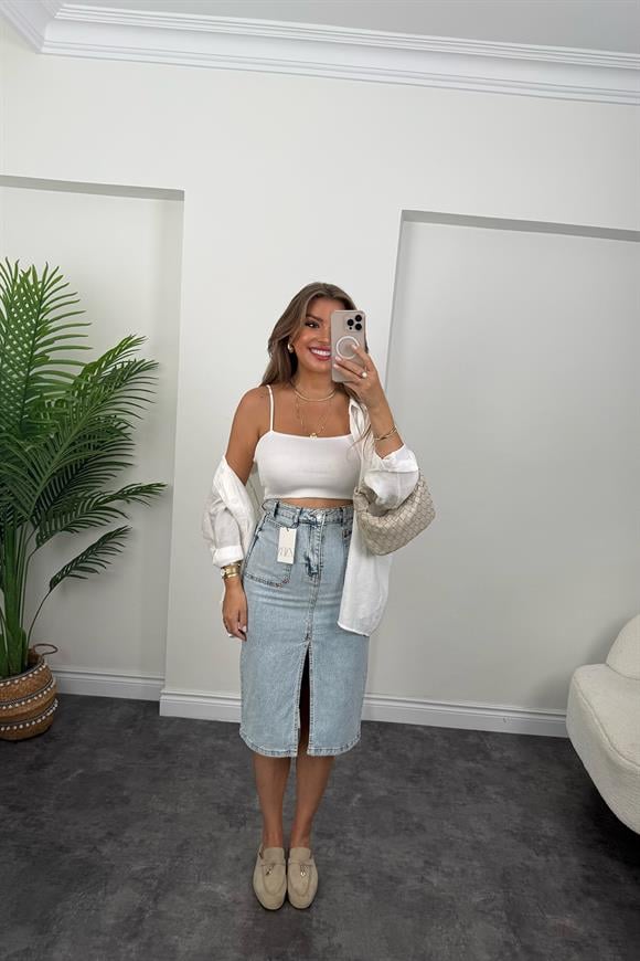 Orjinal Marka Likralı Jean Kalem Etek Mavi