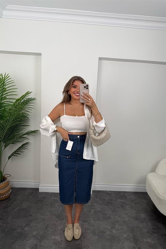 Orjinal Marka Likralı Jean Kalem Etek Lacivert