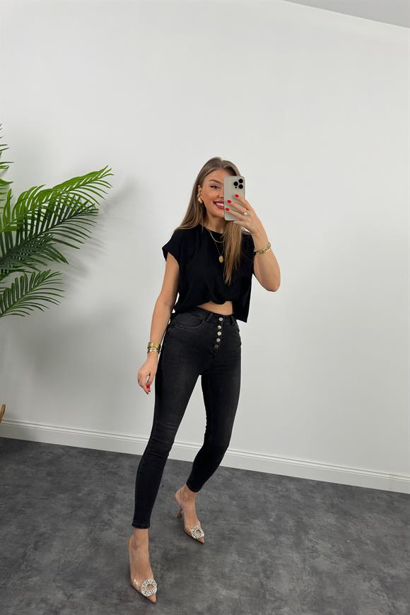 Orjinal Marka Likralı Toparlayıcı Düğmeli Skinny Jean Antrasit