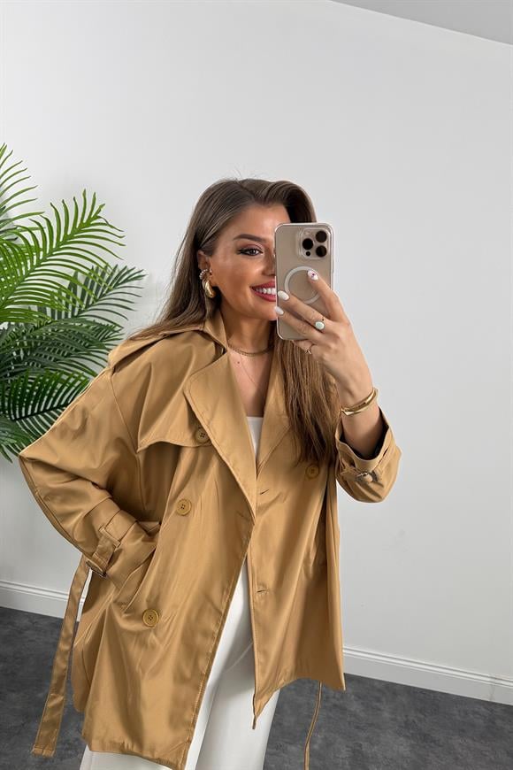 Orta Boy Astarlı Basic Trençkot Camel