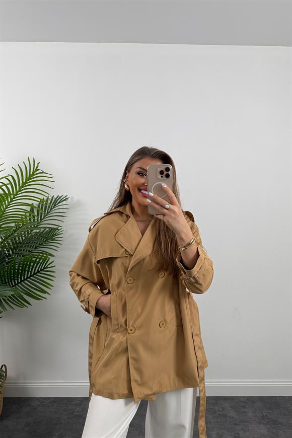 Orta Boy Astarlı Basic Trençkot Camel