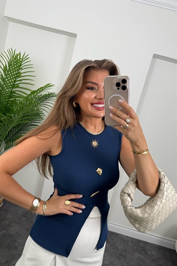 Ottoman Kumaş Güneş Serisi Sıfır Kol Likralı Eteği V Bluz İndigo