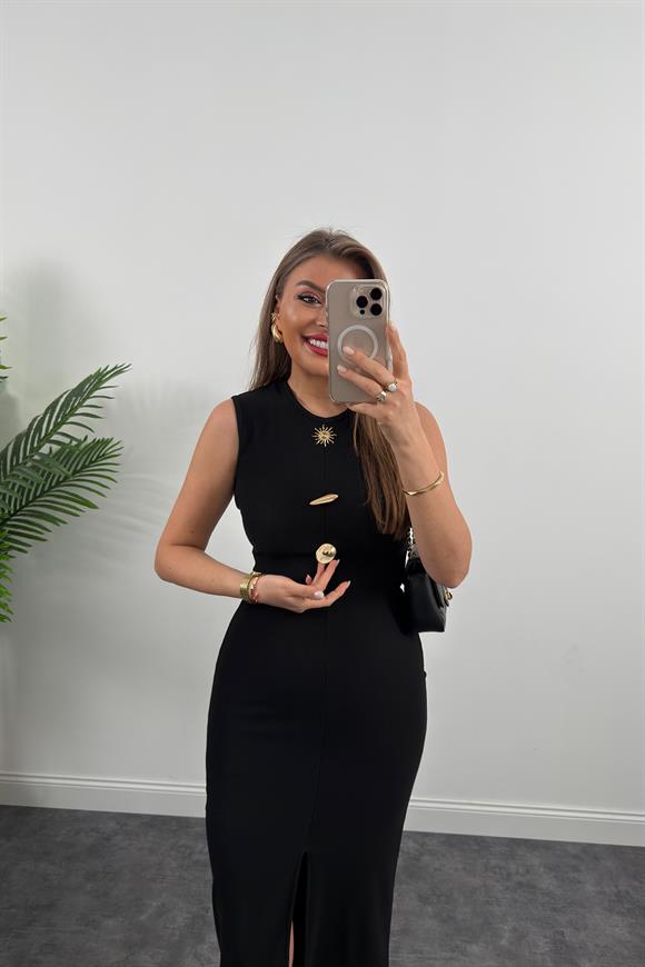 Ottoman Kumaş Güneş Serisi Sıfır Kol Likralı Kalem Elbise Siyah