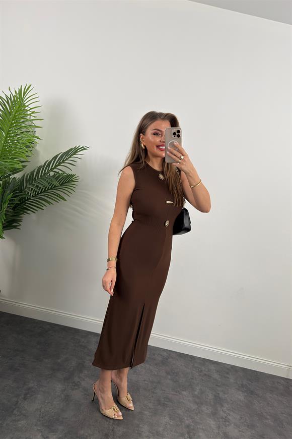 Ottoman Kumaş Güneş Serisi Sıfır Kol Likralı Kalem Elbise Kahve