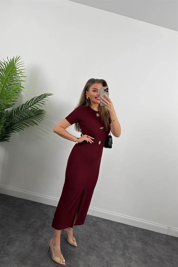 Ottoman Kumaş Likralı Gold Düğme Tasarımlı Kısa Kol Kalem Elbise Bordo