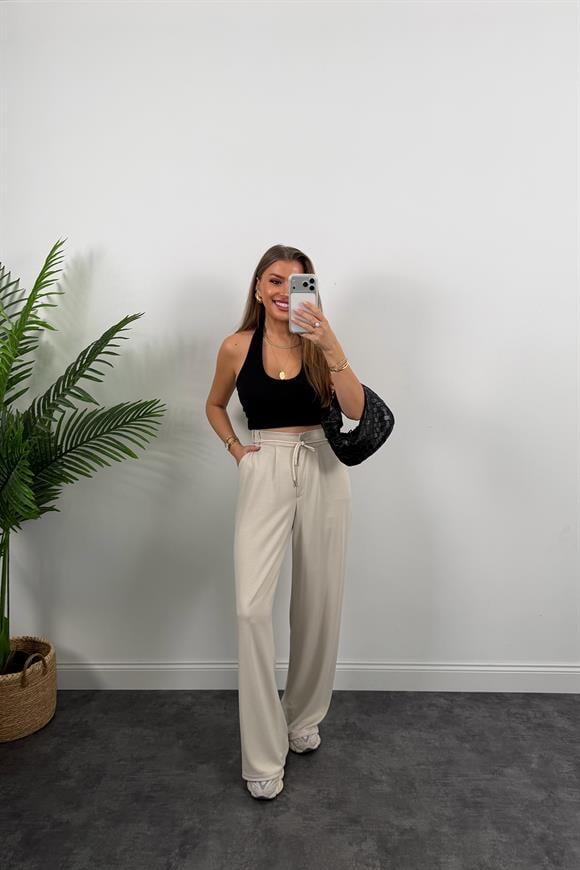 Oysh Kumaş Beli İpli Likralı Palazzo Pantolon Taş