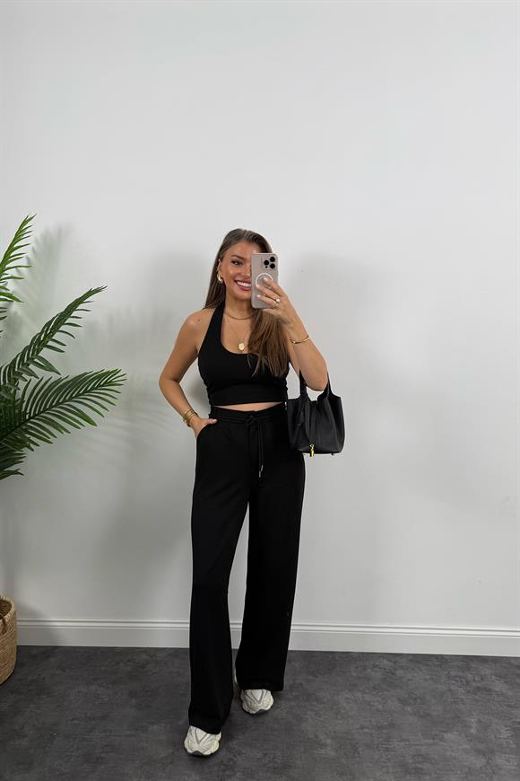 Oysh Kumaş Beli İpli Likralı Palazzo Pantolon Siyah