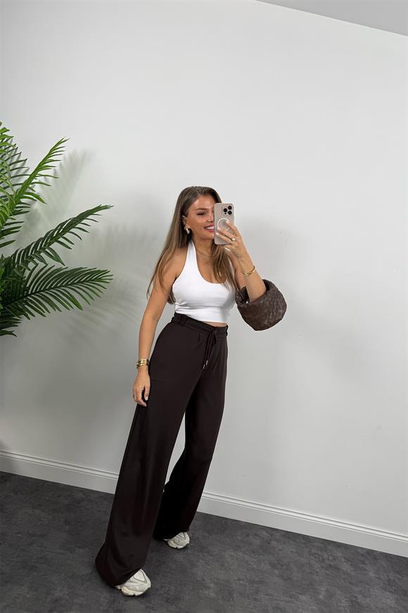 Oysh Kumaş Beli İpli Likralı Palazzo Pantolon Acı Kahve