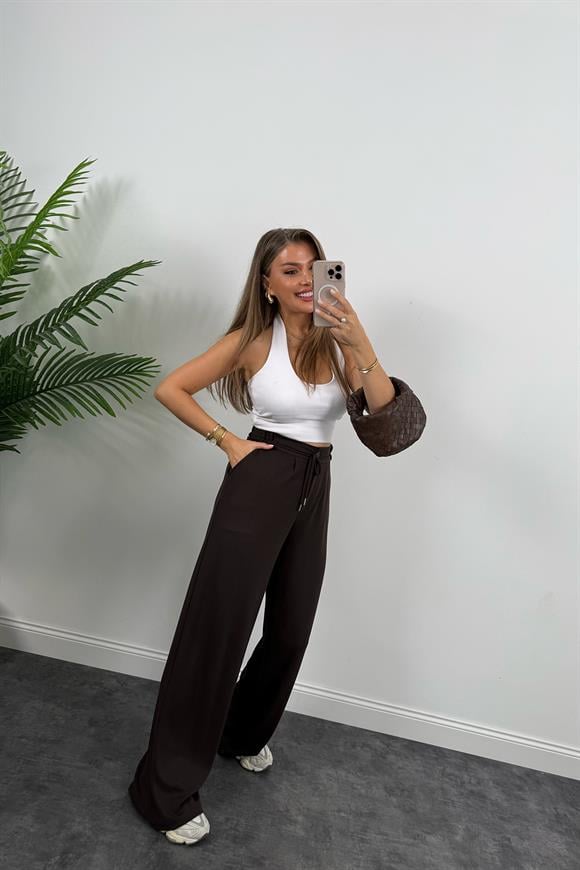 Oysh Kumaş Beli İpli Likralı Palazzo Pantolon Acı Kahve