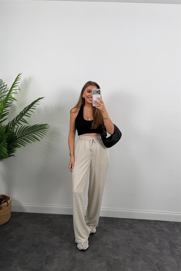 Oysh Kumaş Beli İpli Likralı Palazzo Pantolon Taş