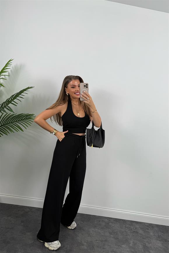 Oysh Kumaş Beli İpli Likralı Palazzo Pantolon Siyah