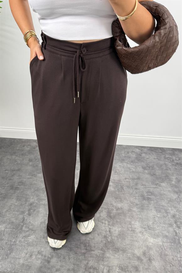 Oysh Kumaş Beli İpli Likralı Palazzo Pantolon Acı Kahve