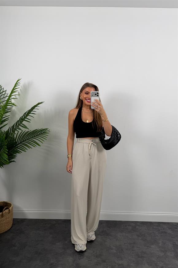 Oysh Kumaş Beli İpli Likralı Palazzo Pantolon Taş