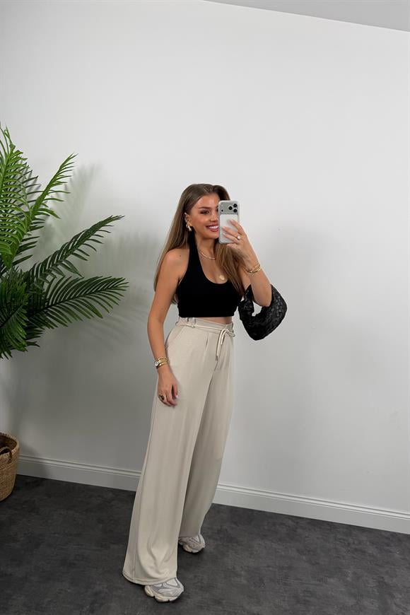 Oysh Kumaş Beli İpli Likralı Palazzo Pantolon Taş