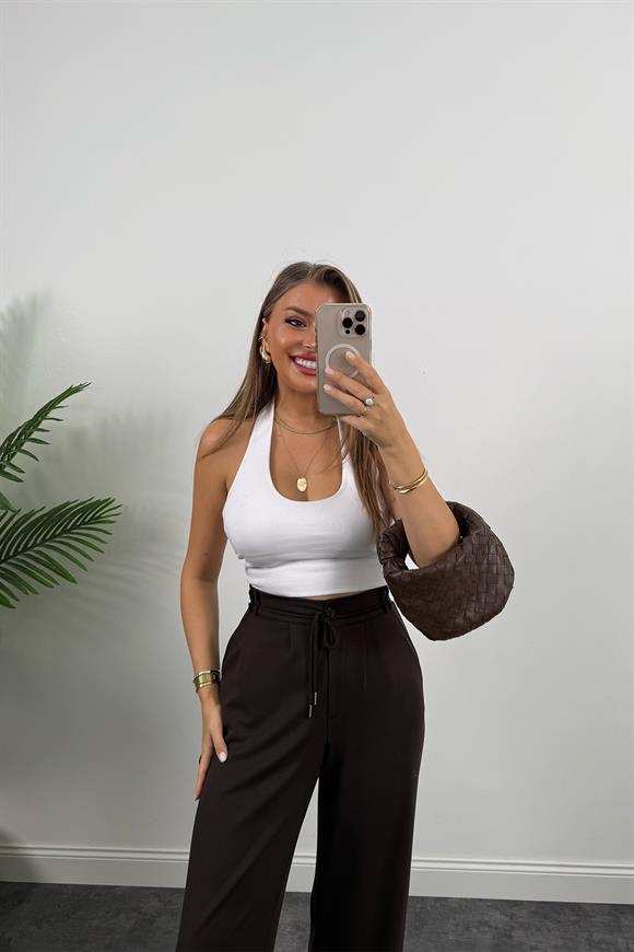 Oysh Kumaş Beli İpli Likralı Palazzo Pantolon Acı Kahve