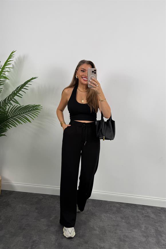 Oysh Kumaş Beli İpli Likralı Palazzo Pantolon Siyah