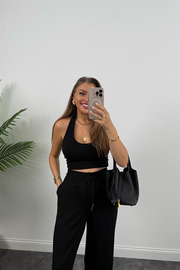 Oysh Kumaş Beli İpli Likralı Palazzo Pantolon Siyah