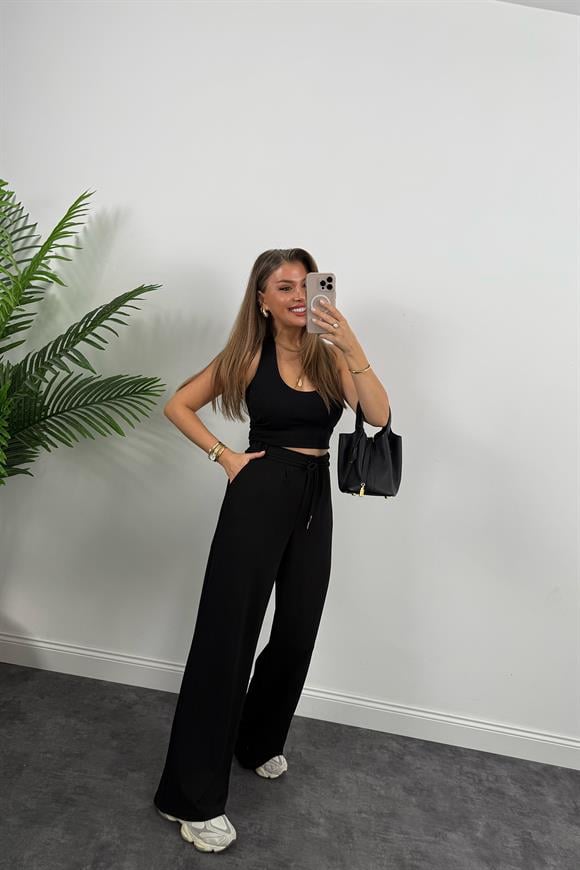 Oysh Kumaş Beli İpli Likralı Palazzo Pantolon Siyah