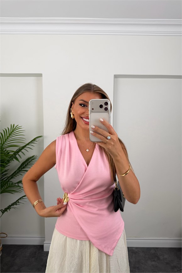 Oysh Kumaş Likralı Kruvaze Bluz Pastel Pembe
