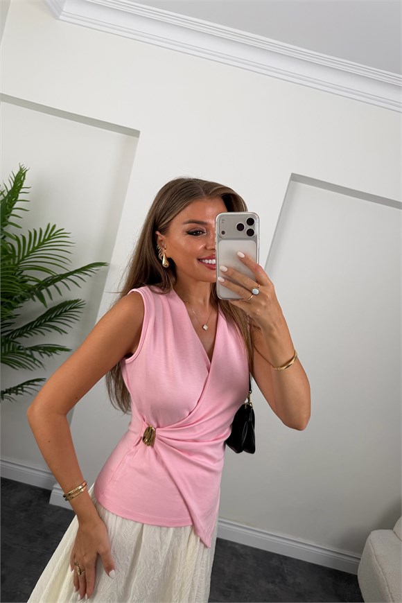 Oysh Kumaş Likralı Kruvaze Bluz Pastel Pembe