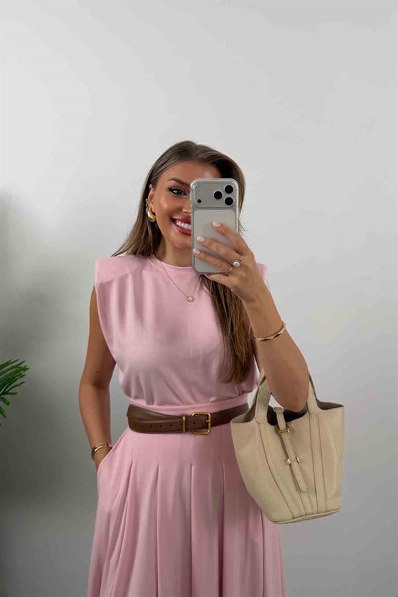 Oysh Kumaş Vatkalı Etek Bluz Takım Pembe