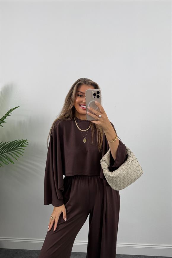 Oysh Kumaş Yarasa Kol Likralı Palazzo Takım Acı Kahve