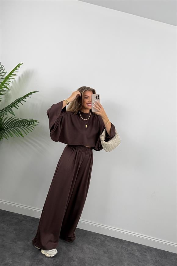 Oysh Kumaş Yarasa Kol Likralı Palazzo Takım Acı Kahve