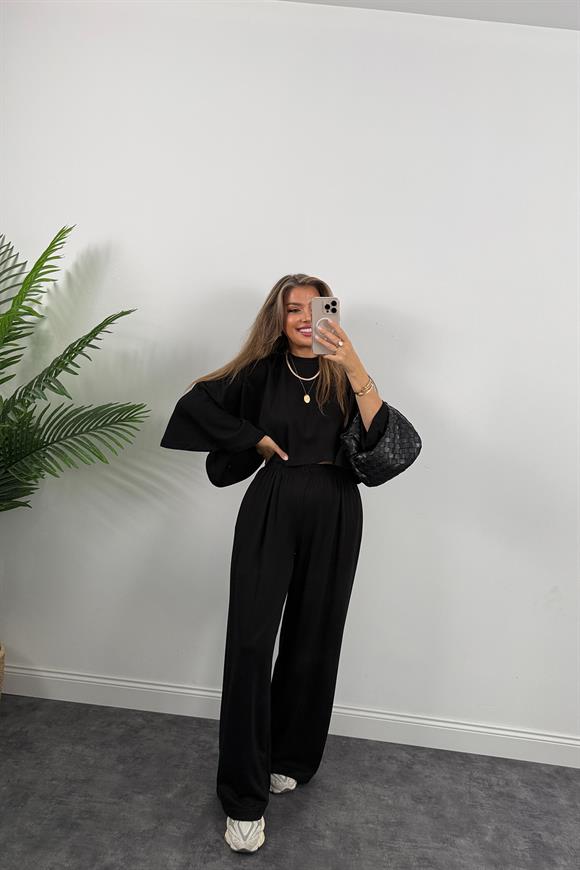 Oysh Kumaş Yarasa Kol Likralı Palazzo Takım Siyah