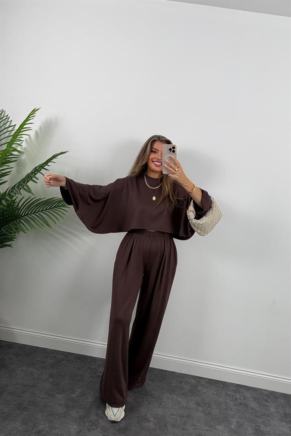 Oysh Kumaş Yarasa Kol Likralı Palazzo Takım Acı Kahve