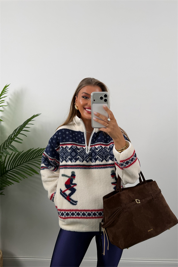 Oysh Model Lacivert Desenli Kayakçı Polar Sweat