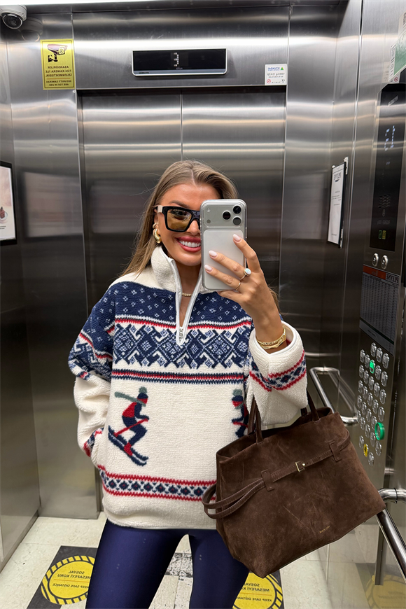 Oysh Model Lacivert Desenli Kayakçı Polar Sweat