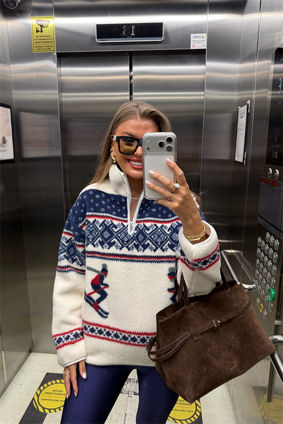 Oysh Model Lacivert Desenli Kayakçı Polar Sweat