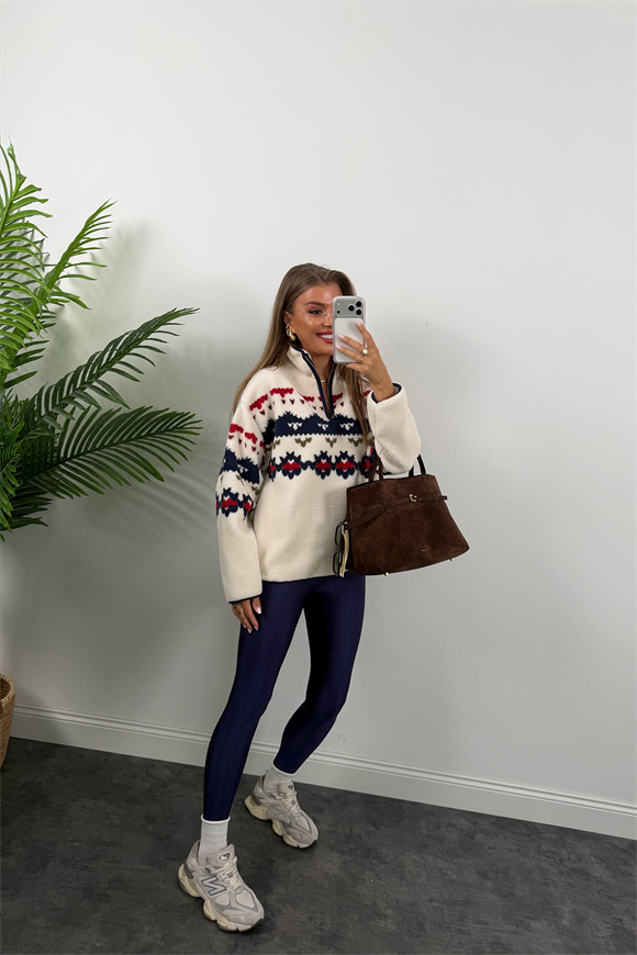 Oysh Model Lacivert Retro Desenli Polar Sweat