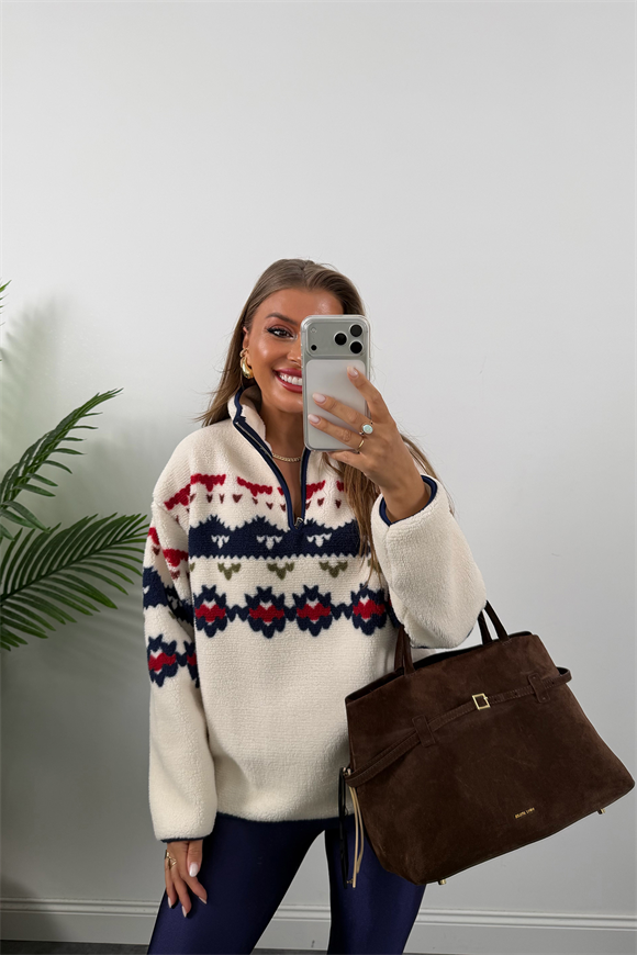 Oysh Model Lacivert Retro Desenli Polar Sweat