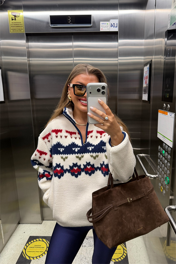 Oysh Model Lacivert Retro Desenli Polar Sweat
