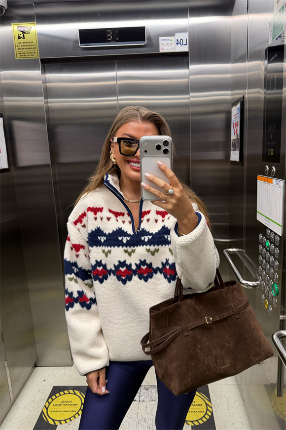 Oysh Model Lacivert Retro Desenli Polar Sweat