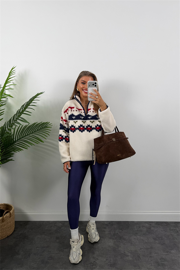 Oysh Model Lacivert Retro Desenli Polar Sweat