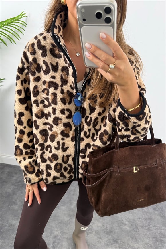 Oysh Model Polar Ceket Bej Kahve Leopar