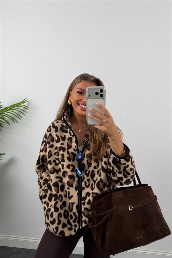 Oysh Model Polar Ceket Bej Kahve Leopar